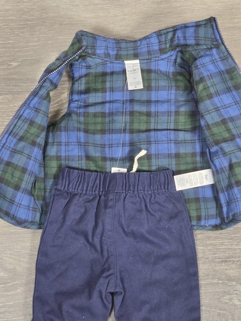 Blue & Green Plaid Puffer Vest with Navy Pants Set
